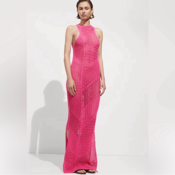 Mango Pink Asymmetrical crochet Halter Dress - Picture 1 of 9